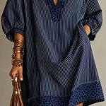 Leopard Trim Deep V Neck Loose Striped Mini Dress