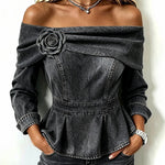 Off Shoulder Denim Peplum Top with 3D Rose