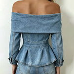 Off Shoulder Denim Peplum Top with 3D Rose