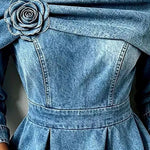 Off Shoulder Denim Peplum Top with 3D Rose