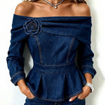 Off Shoulder Denim Peplum Top with 3D Rose