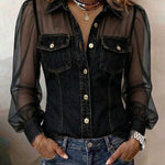 Denim Shirt with Sheer Mesh Puff Sleeves
