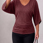 Versatile V-neck Batwing Sleeves Elastic Knit Top
