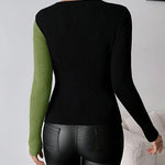 Colorblock Surplice Deep V Neck Ribbed Knit Top