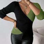 Colorblock Surplice Deep V Neck Ribbed Knit Top