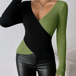 Colorblock Surplice Deep V Neck Ribbed Knit Top
