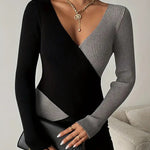 Colorblock Surplice Deep V Neck Ribbed Knit Top