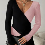 Colorblock Surplice Deep V Neck Ribbed Knit Top