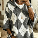 Hooded Argyle Batwing Sleeve Chunky Knit Sweater