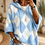 Hooded Argyle Batwing Sleeve Chunky Knit Sweater