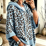Hooded Leopard Batwing Sleeve Chunky Knit Sweater