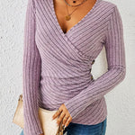 Chic Deep V-neck Crossover Long Sleeve Pit Stripe Blouse