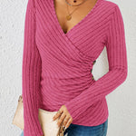 Chic Deep V-neck Crossover Long Sleeve Pit Stripe Blouse