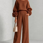 Floral Cuff Blouse And Wide Leg Pants Set