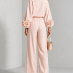 Floral Cuff Blouse And Wide Leg Pants Set
