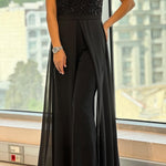 Crew-neck textured-panel tulle jumpsuit