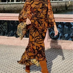 Brown long printed dress with wide sleeves