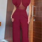 Burgundy patchwork sheer mesh top and trousers set