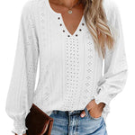 Zeagoo Women Casual V Neck T-Shirts Ruffle Long Sleeve Shirt Eyelet Loose Blouses S-XXL