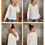 Zeagoo Women Casual V Neck T-Shirts Ruffle Long Sleeve Shirt Eyelet Loose Blouses S-XXL