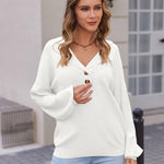 Zeagoo Women V Neck Sweater Lantern Sleeve Drop Shoulder Oversized Henley Knit Pullover Tops S-XXL