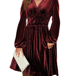 Zeagoo Velvet Dress V-Neck Long Sleeve Stretch Mini Dress