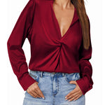 Satin V Neck Twist Front Silk Shirts - Zeagoo (Us Only)