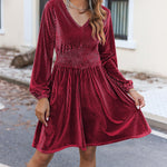 Zeagoo Velvet Dress V-Neck Long Sleeve Stretch Mini Dress
