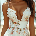 Sexy floral ruffled V-neck high-low dress