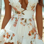 Sexy floral ruffled V-neck high-low dress