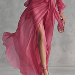 Elegant Rose Pink Chiffon V-neck Tie-waist Long Dress