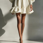 Beige Satin Puff Sleeve Ruffle Mini Dress