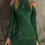 Brown High-neck Off-shoulder Tassel Faux Suede Long-sleeved Mini Dress