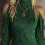 Brown High-neck Off-shoulder Tassel Faux Suede Long-sleeved Mini Dress