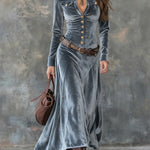 Gray Velvet Lapel Metal Button-down Maxi Dress( (with belt)