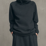 Charcoal Gray Air-layer High-neck Top And Flared Long Skirt Set