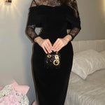 Black Velvet Lace-trimmed Fitted Maxi Dress