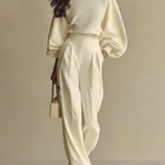 Ivory Ribbed Crew Neck Top And High-waisted Wide-leg Pants Suit