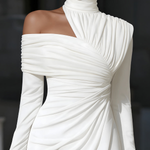 White Asymmetric Draped High-Neck One-Shoulder Midi Dress