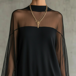 Black Sheer Mesh Sleeve High‑Neck Mini Dress