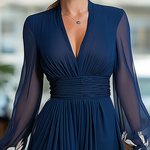Navy Blue V-neck Tulle Sleeve Pleated Floral Maxi Dress
