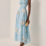 Light Blue Floral Pleated Chiffon One-shoulder Maxi Dress