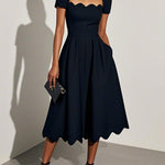 Black Irregular Craftsmanship Classic Square Neck Short Sleeve A-Line Midi Dress
