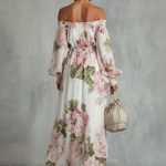 White And Pink Floral Print Off-shoulder Chiffon Maxi Dress