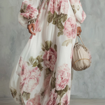 White And Pink Floral Print Off-shoulder Chiffon Maxi Dress