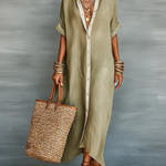 Olive Green Minimalist Patchwork Short-sleeved Shirt Maxi Dress