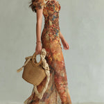 Orange Bohemian Holiday Oil Painting Print Chiffon Maxi Dress