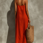 Red Faux Linen Suspender Square Neck Maxi Dress