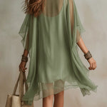 Green Chiffon V-neck Layered Flowy Mini Dress