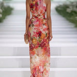Red Chiffon Floral Halter-neck Sleeveless Maxi Dress